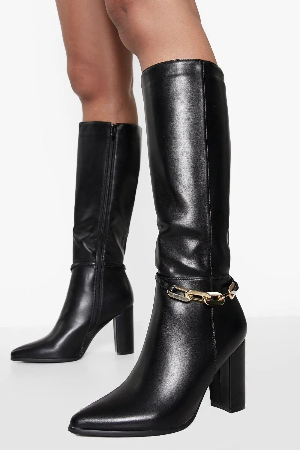 Chain Detail Heeled Knee High Boots