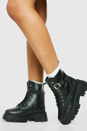 Chunky Sole Buckle Detail Lace Up Combat Boots