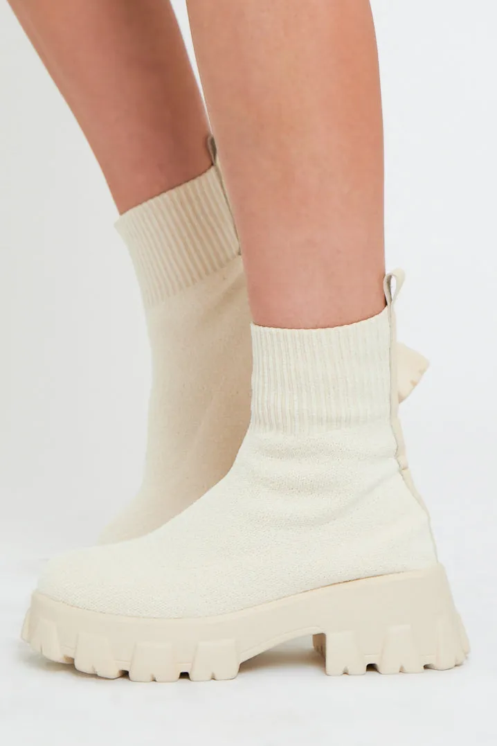 Cream Ankle High Chunky Sole Sock Boots - Bana