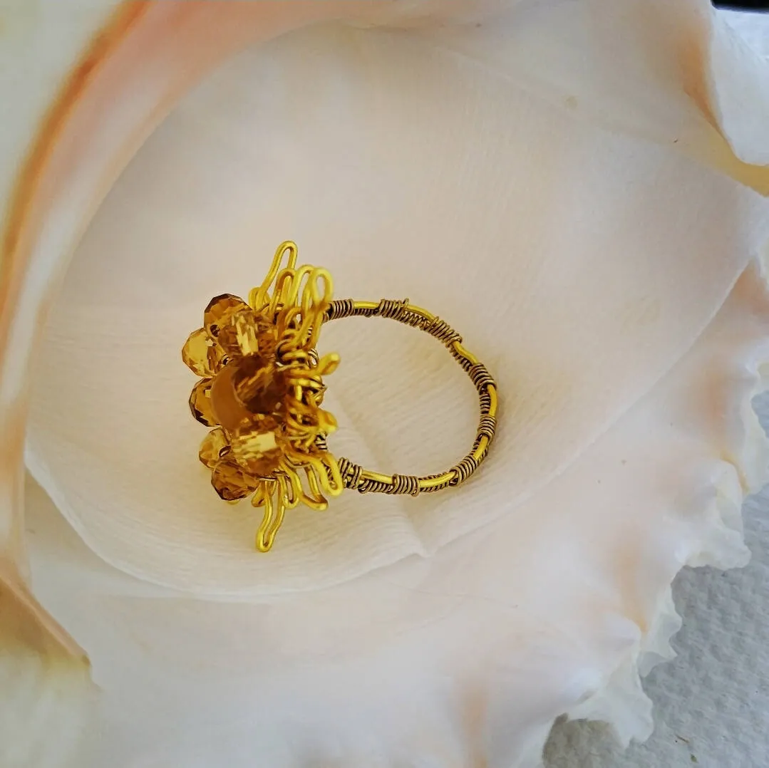 Island Girl Art - Wire Wrapped Ring- Glass & Citrine Sun