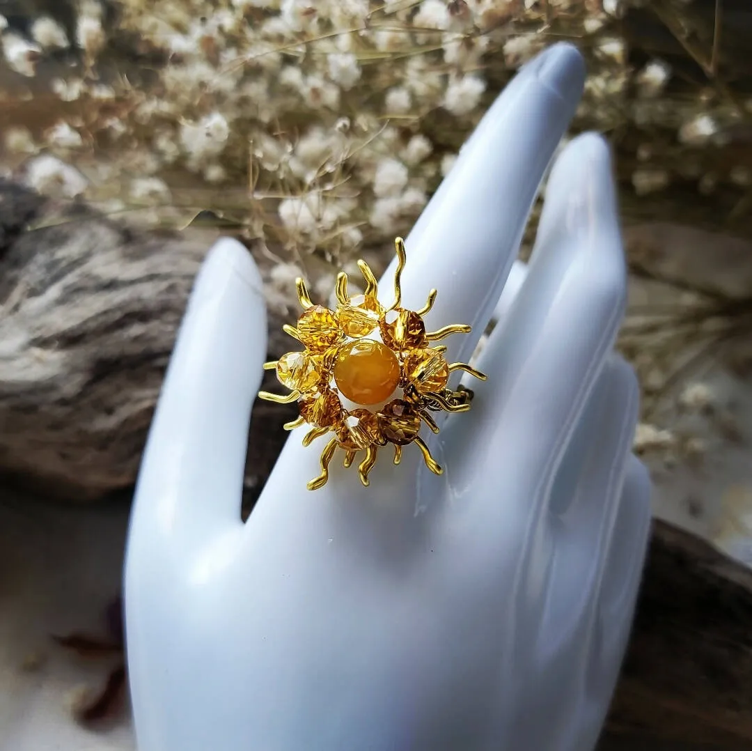 Island Girl Art - Wire Wrapped Ring- Glass & Citrine Sun