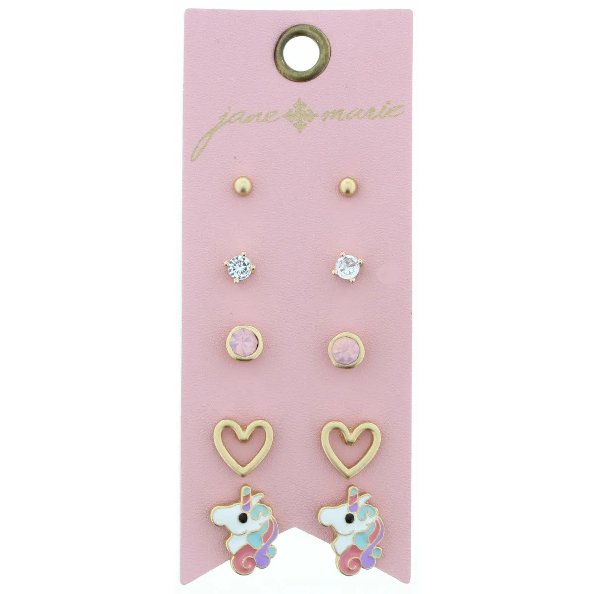 Kids 5 Stud, Gold Bead, Crystal, Stone, Heart, and Unicorn Earring