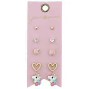 Kids 5 Stud, Gold Bead, Crystal, Stone, Heart, and Unicorn Earring