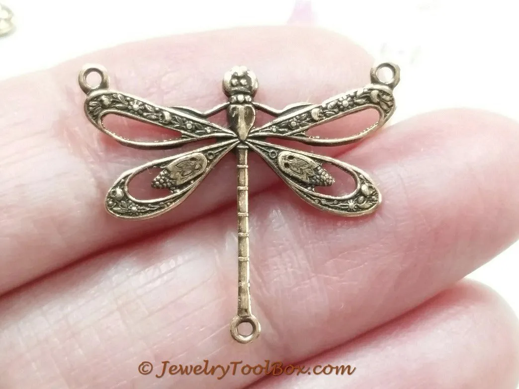 Large Antique Copper Filigree Dragonfly Pendant Connector Charm, 3 Loops, Lot Size 10, #10C