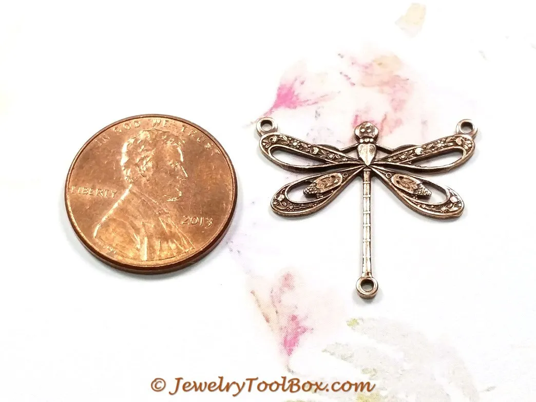 Large Antique Copper Filigree Dragonfly Pendant Connector Charm, 3 Loops, Lot Size 10, #10C