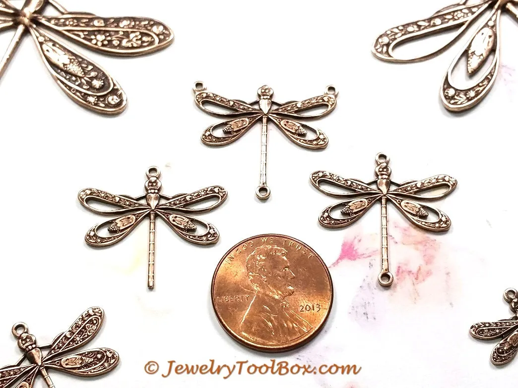 Large Antique Copper Filigree Dragonfly Pendant Connector Charm, 3 Loops, Lot Size 10, #10C