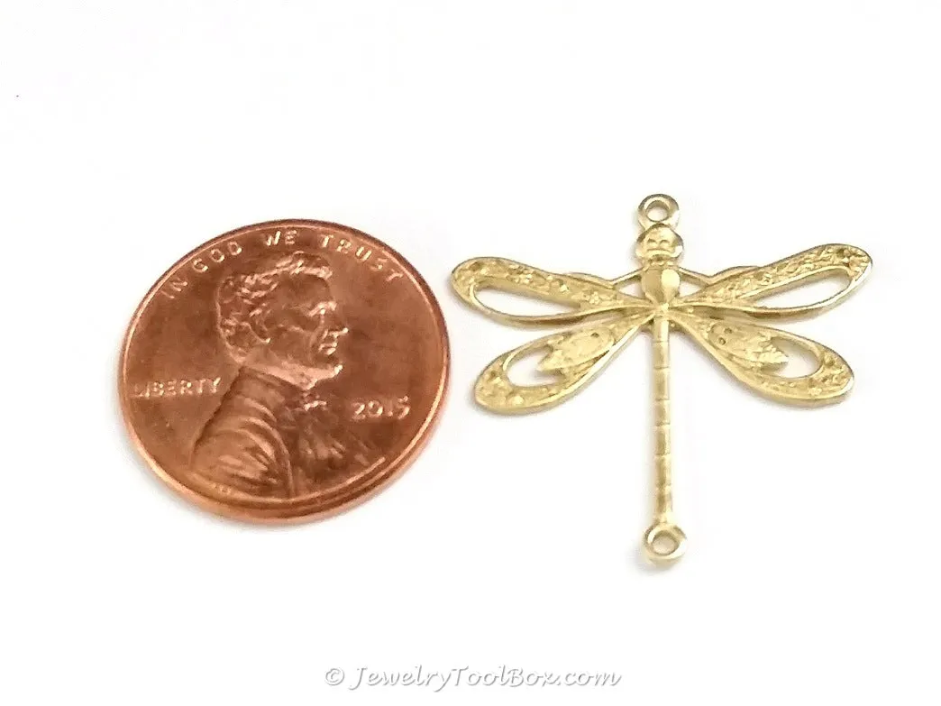 Large Filigree Dragonfly Connector Charm, 2 Loops, Brass, Lot Size 10, #09R