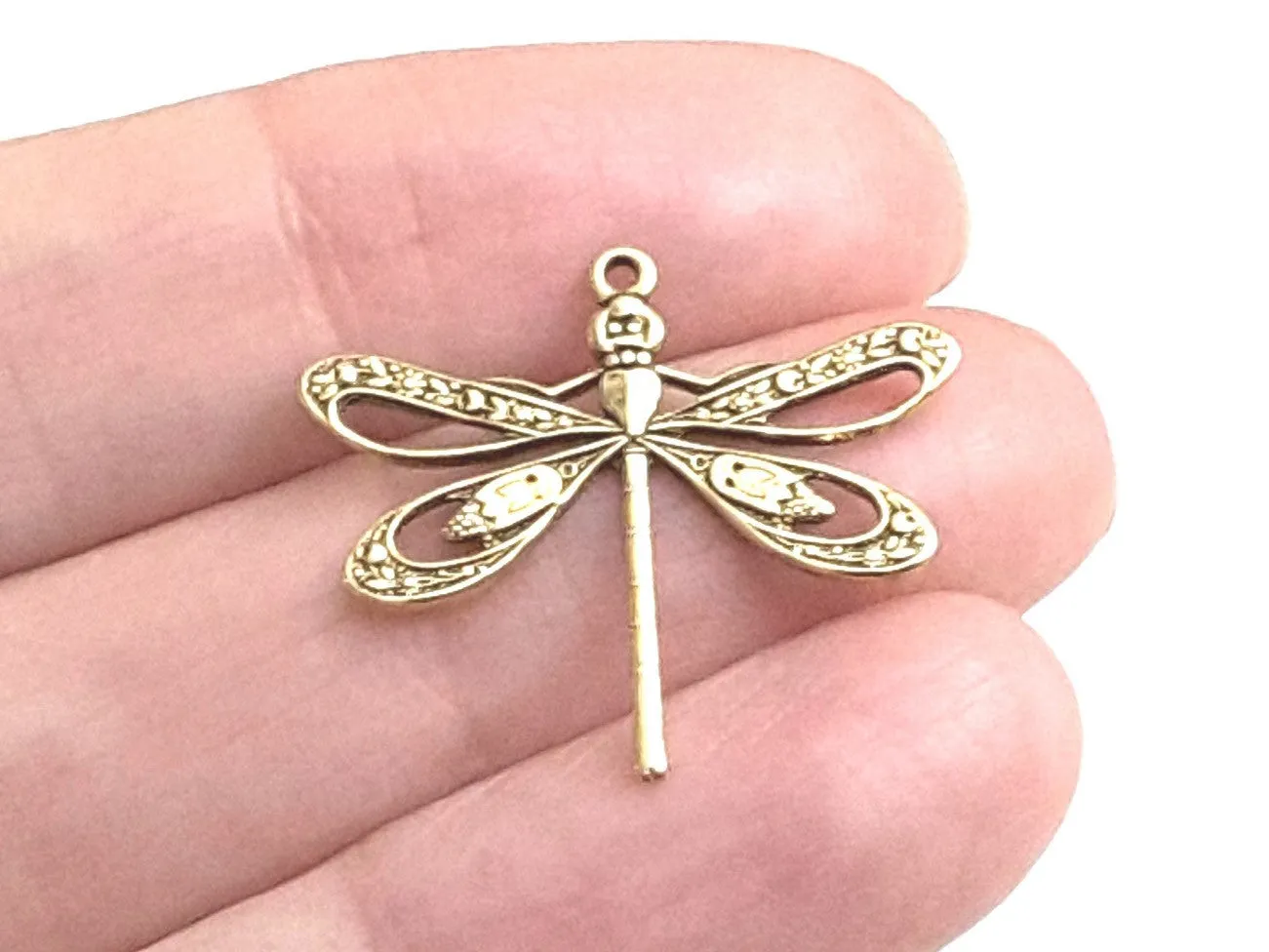 Large Gold Filigree Dragonfly Charm, 1 Loop, 24 Kt Gold Plated Brass, Lot Size 10, #08G