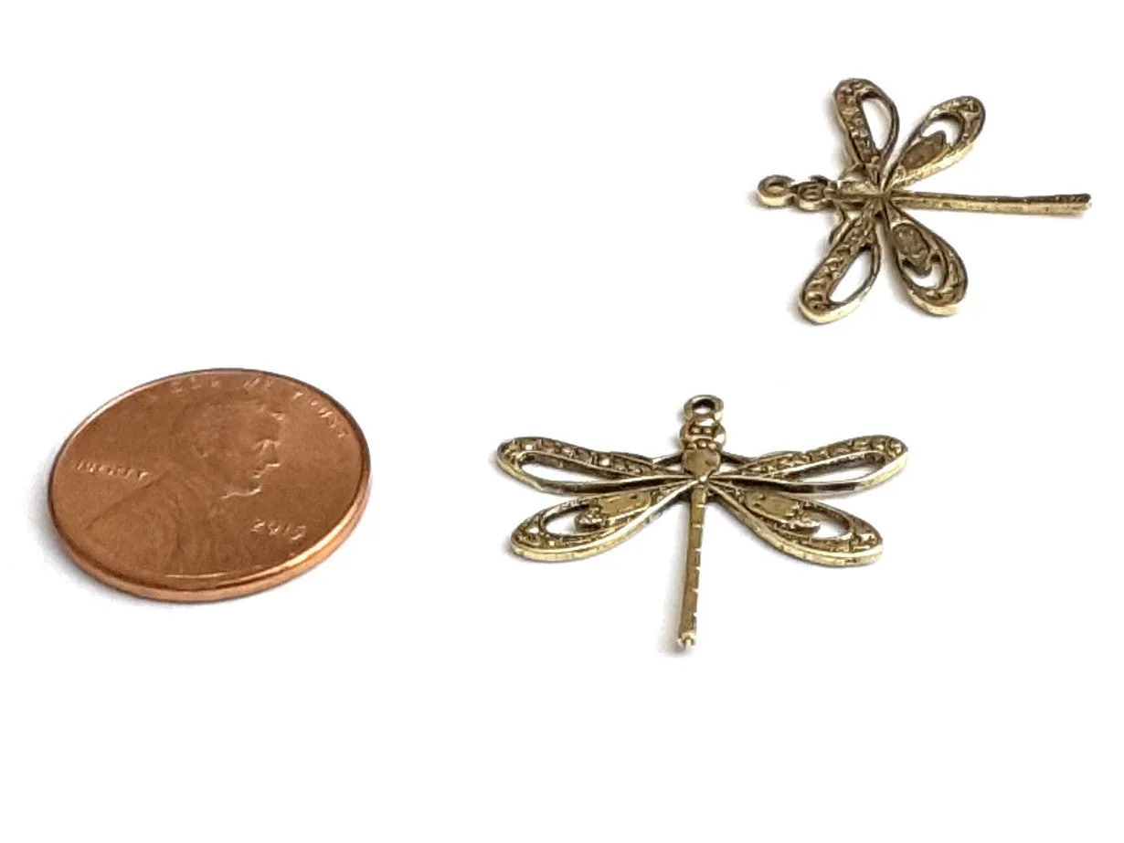 Large Gold Filigree Dragonfly Charm, 1 Loop, 24 Kt Gold Plated Brass, Lot Size 10, #08G