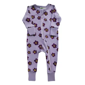 Long Sleeve Zip Romper - Purple Flowers