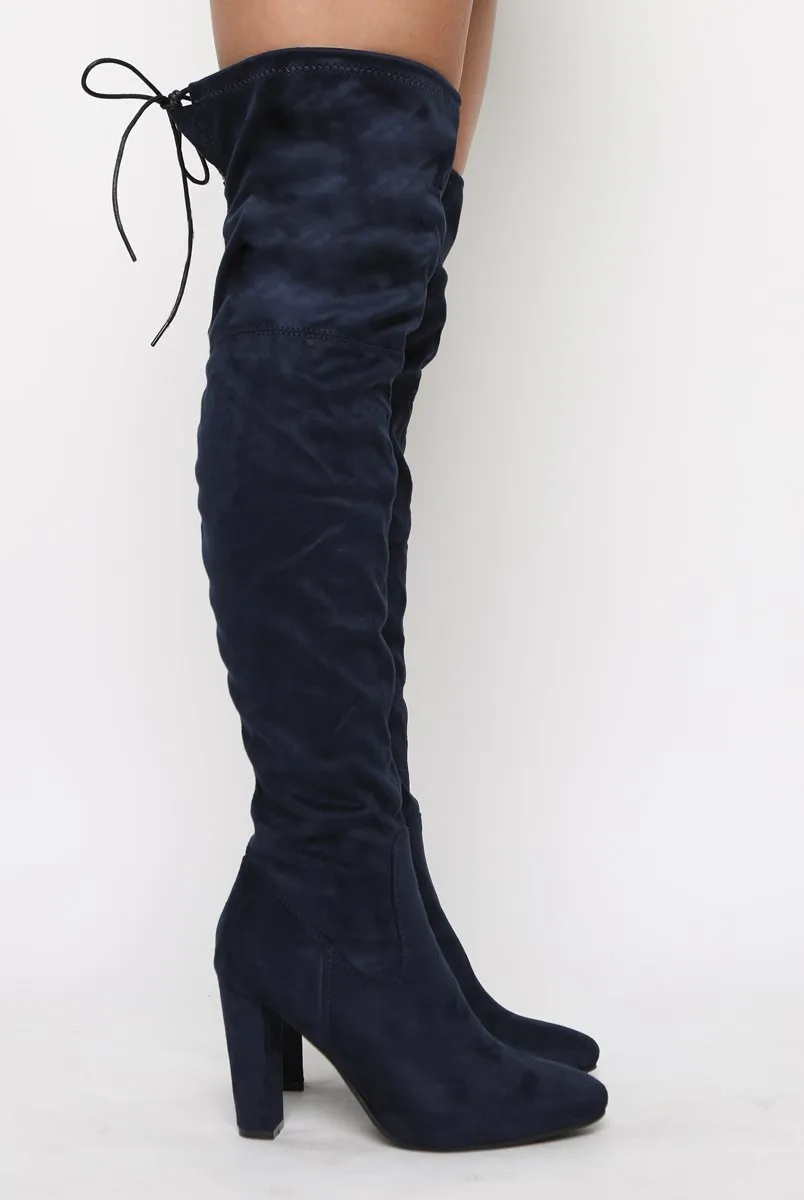 Navy Suede Drawstring Over The Knee Boots - Joni