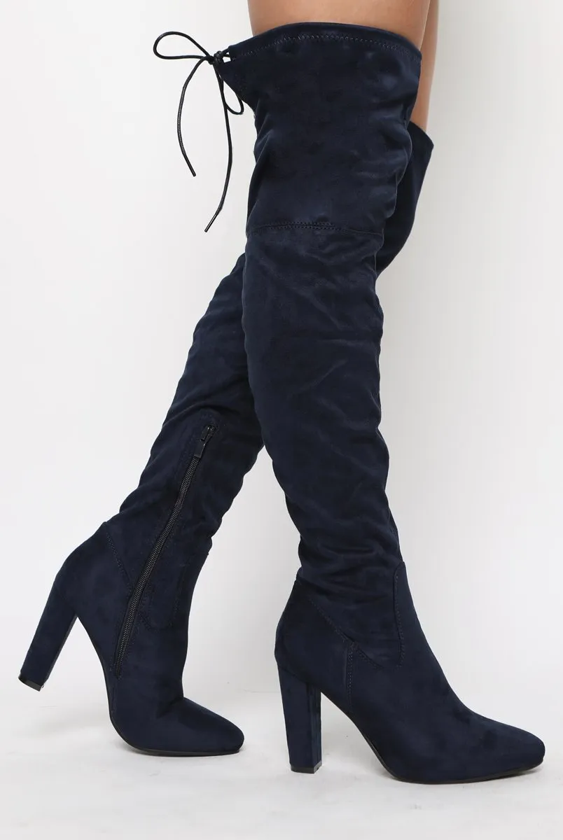 Navy Suede Drawstring Over The Knee Boots - Joni