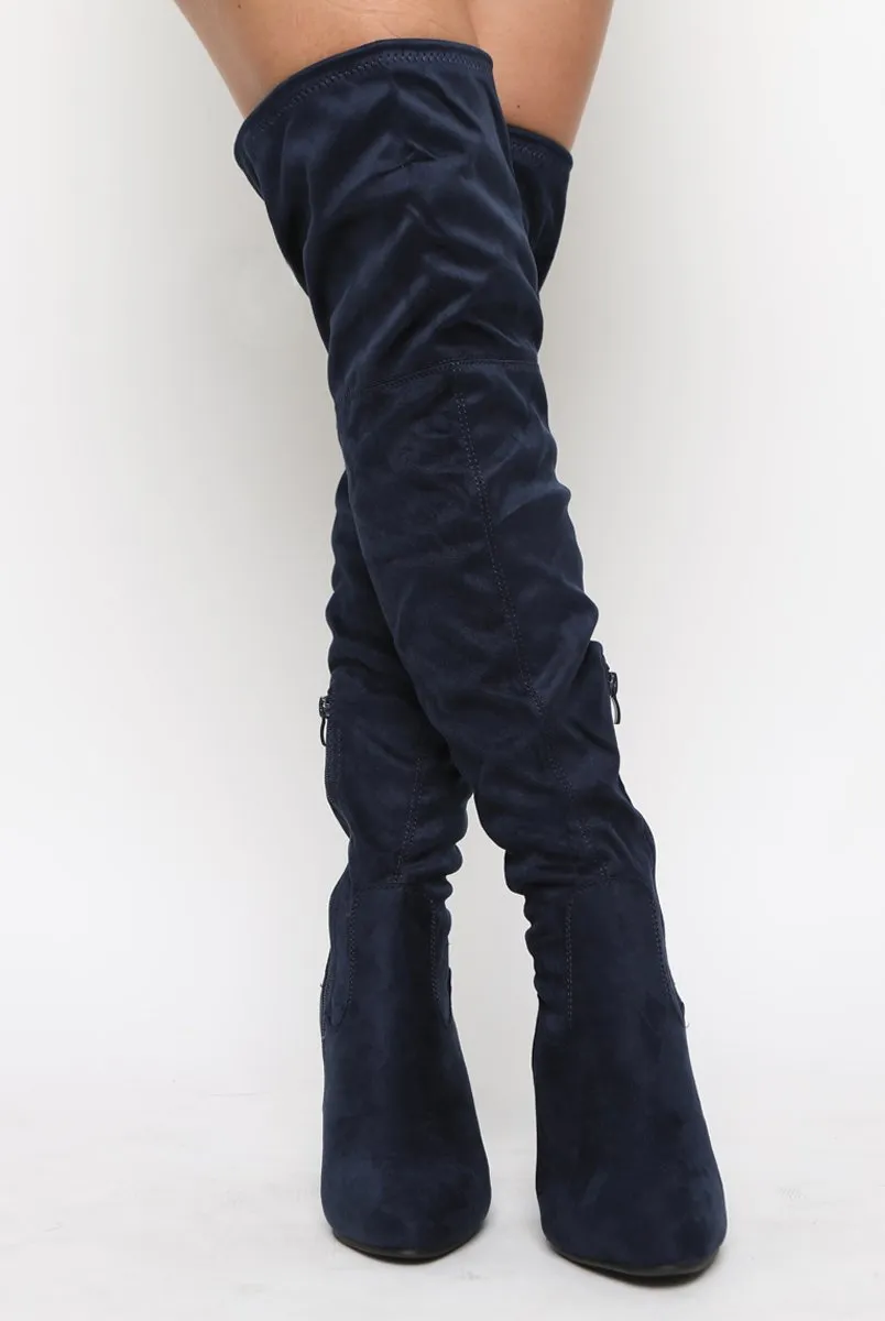 Navy Suede Drawstring Over The Knee Boots - Joni