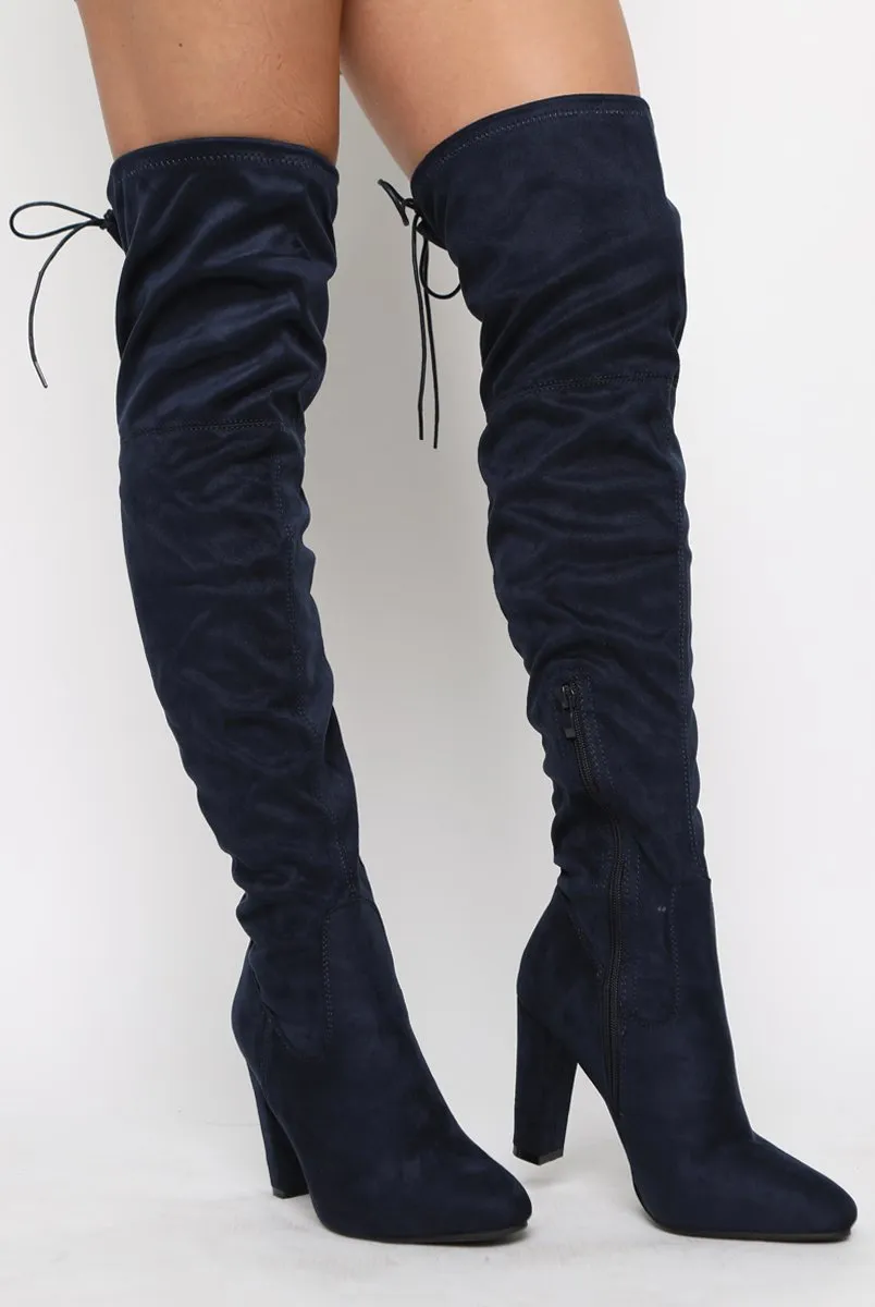 Navy Suede Drawstring Over The Knee Boots - Joni