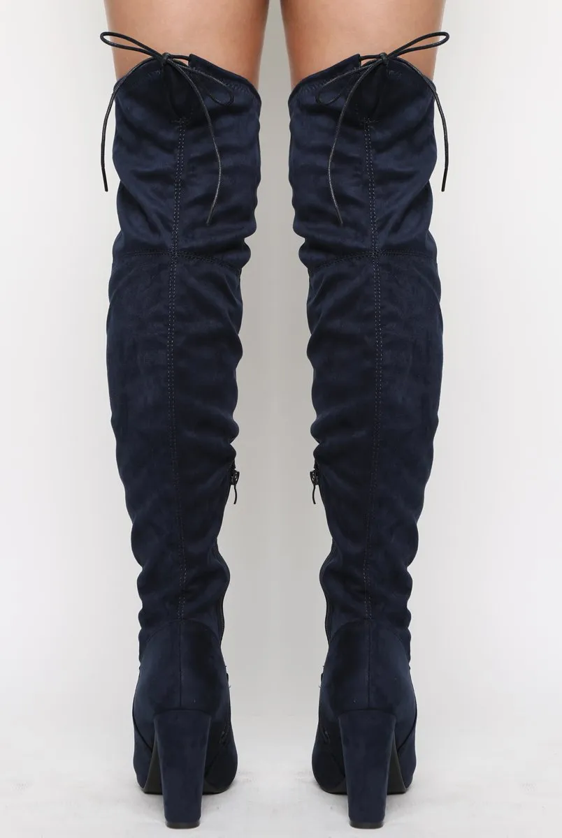 Navy Suede Drawstring Over The Knee Boots - Joni