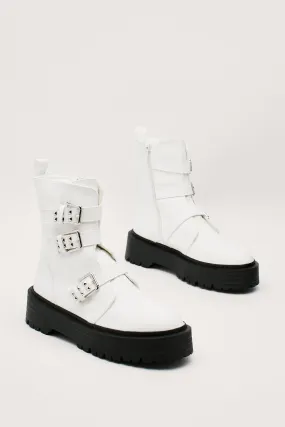 Pu Triple Buckle Biker Boots