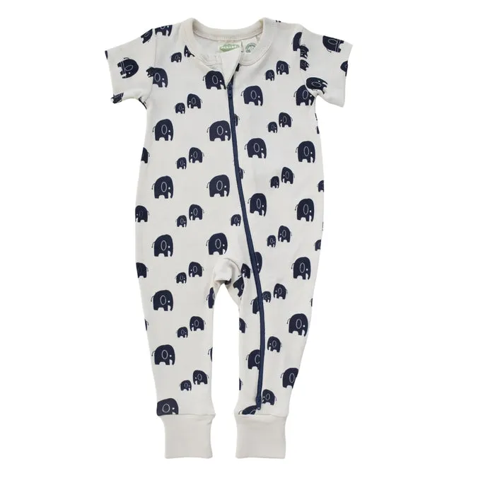 Short Sleeve Zip Romper - Navy Elephants