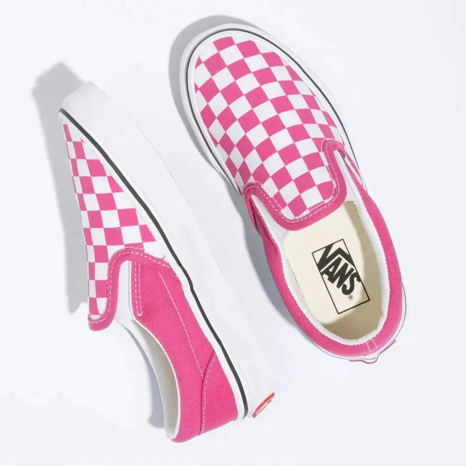 Vans Classic Slip-On Kids (Checkerboard) Skate Shoes - Fuschia Purple/True White