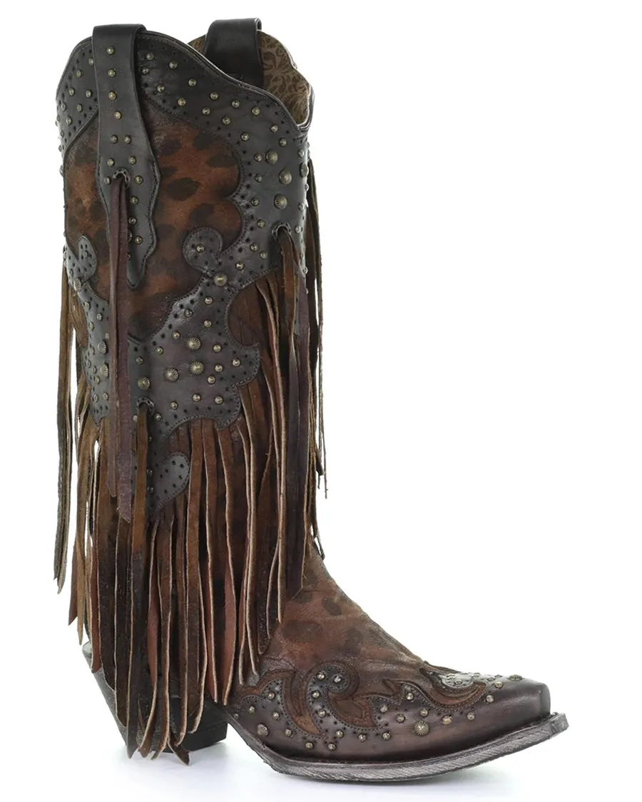 Women's Cheetah and Fringe Western Boots